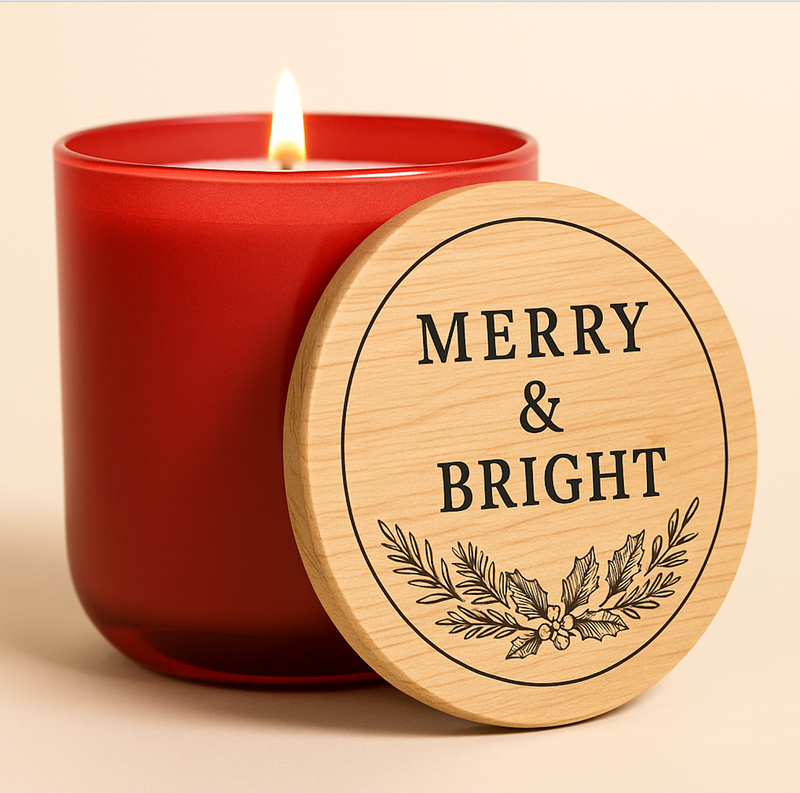 Red candle with a wooden lid labeled 'Merry & Bright' on a beige background