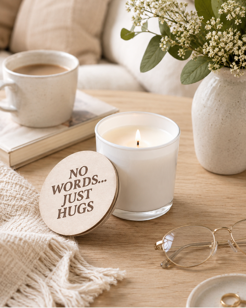 Sympathy Candle Gift – “No Words, Just Hugs” Engraved Lid