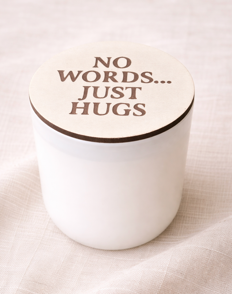 Sympathy Candle Gift – “No Words, Just Hugs” Engraved Lid