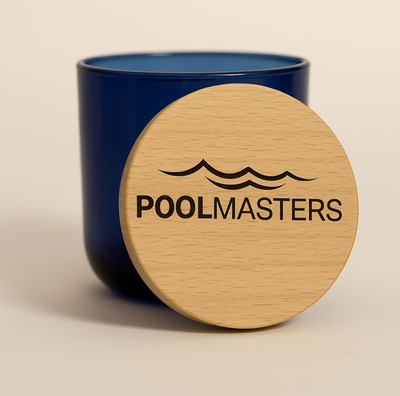 Branded candle with custom engraved wood lid featuring company logo
