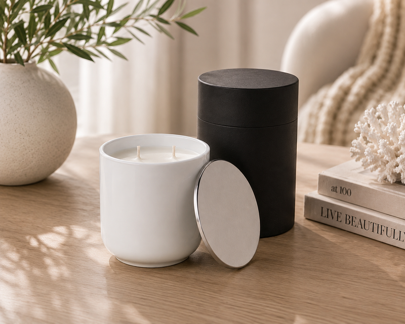 Silver Candle — White Sands | Modern Glass Candle with Silver Lid
