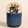 Hanukkah candle in cobalt blue glass with engraved Hanukkah symbol lid – Festival of Lights with Bright Nights scent, perfect for gifts