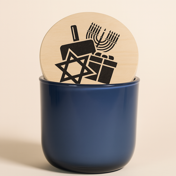 Hanukkah candle in cobalt blue glass with engraved Hanukkah symbol lid – Festival of Lights with Bright Nights scent, perfect for gifts