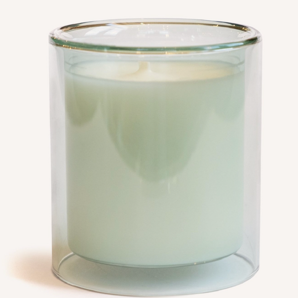 Double-walled clear glass candle with smooth olive oil wax in a floating-style vessel – luxury inspired candle by Artsy Chicks Co.