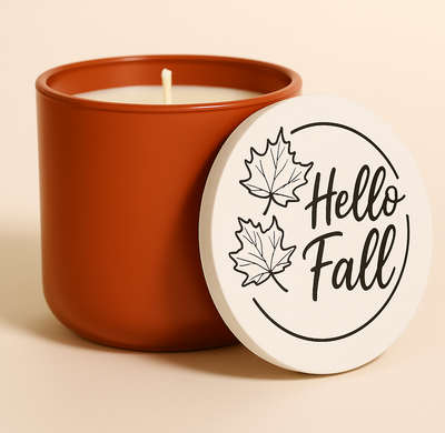 Fall candle with Hello Fall engraved lid in ginger glass – Autumn Orchard fragrance