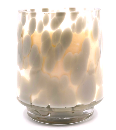 Gray Inspired Candle with floating flame in a double-walled glass vessel, scented with Vanilla Coco Milk and hand-poured in clean-burning wax.