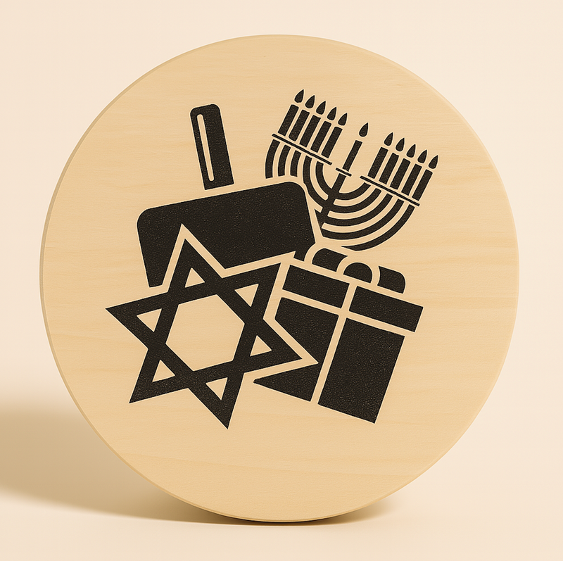 Wooden lid engraved with Menorah, Star of David, dreidel, and gift icons for Hanukkah candle”
