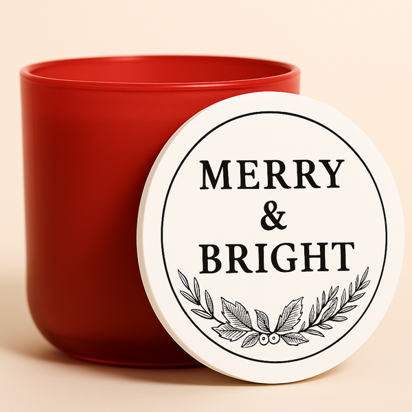 Red  Christmas candle with a wooden lid labeled 'Merry & Bright'