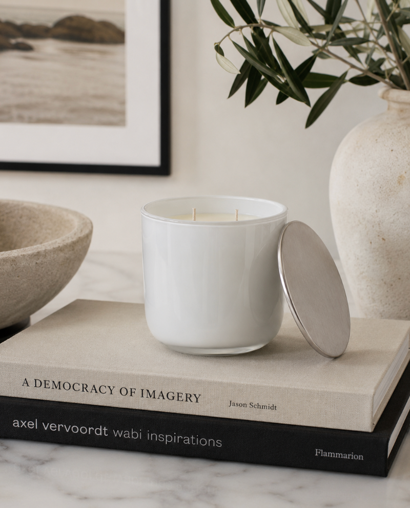 Silver Candle — White Sands | Modern Glass Candle with Silver Lid